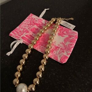 Lilly Pulitzer Gold Beaded Necklace with Pink Pouch